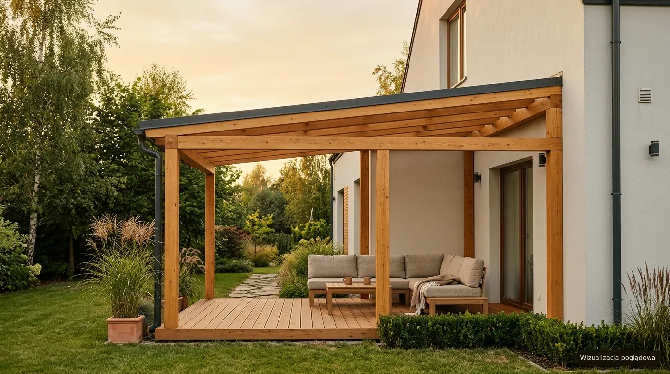 Wizualizacja poglądowa: pergola bioklimatyczna z lamelowym dachem nad nowoczesnym tarasem