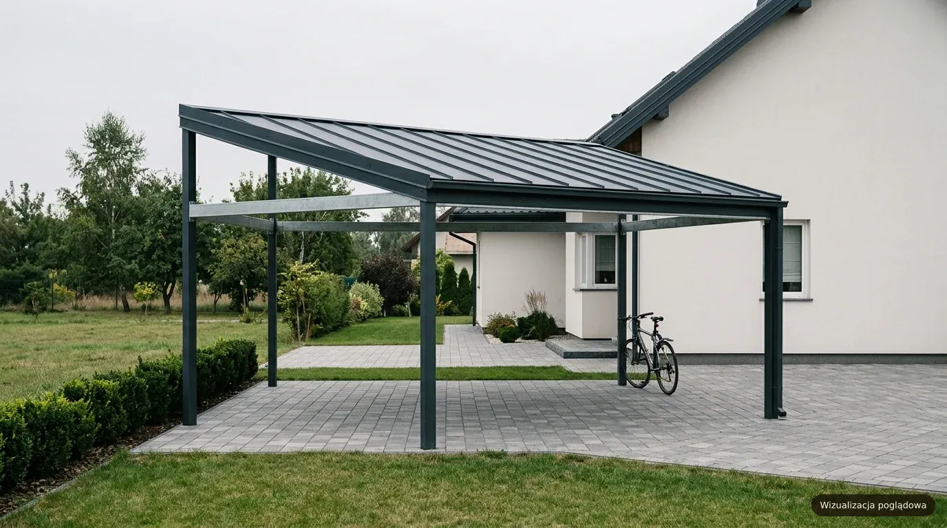 Wizualizacja poglądowa, wiata samochodowa przylegająca do nowoczesnego domu, samochód pod dachem, ciepłe wieczorne oświetlenie, suburbański ogród
